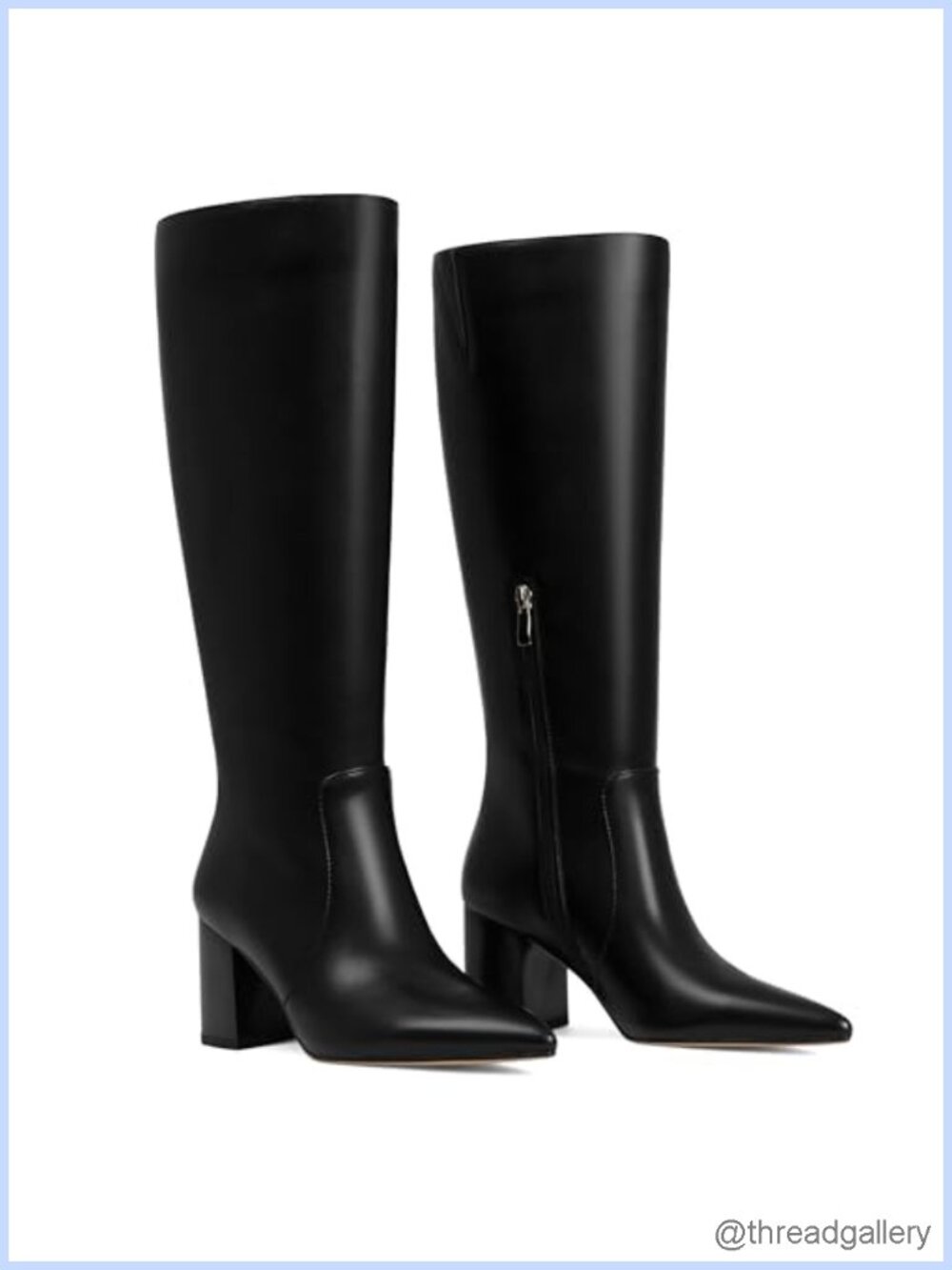 Faux Leather Knee High Boots Block Heel Pointed Toe Side Zip
